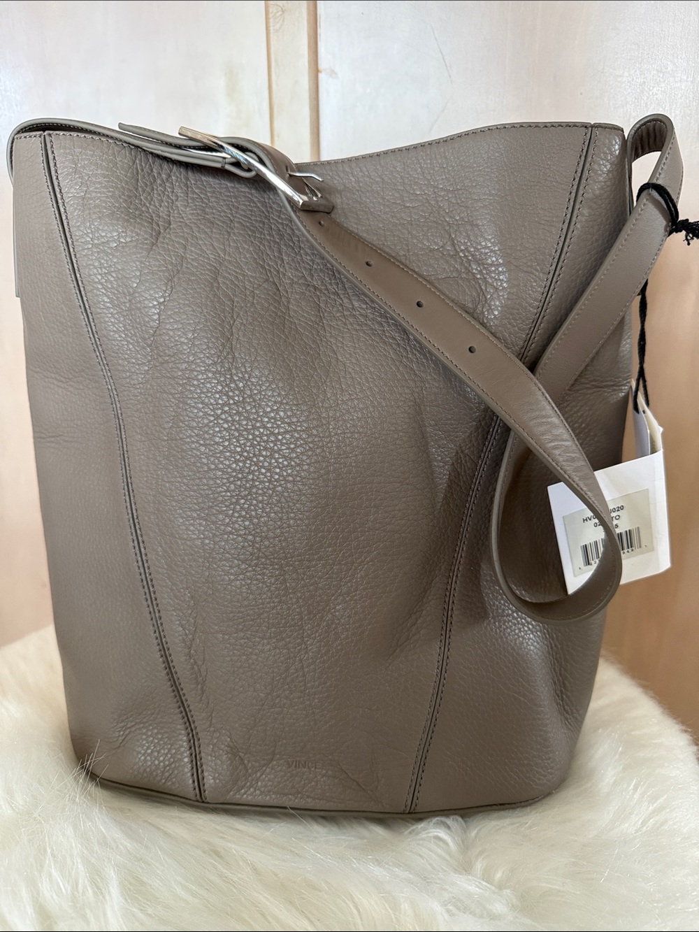 Vince Taupe Pebbled Leather Bucket Shoulder Bag